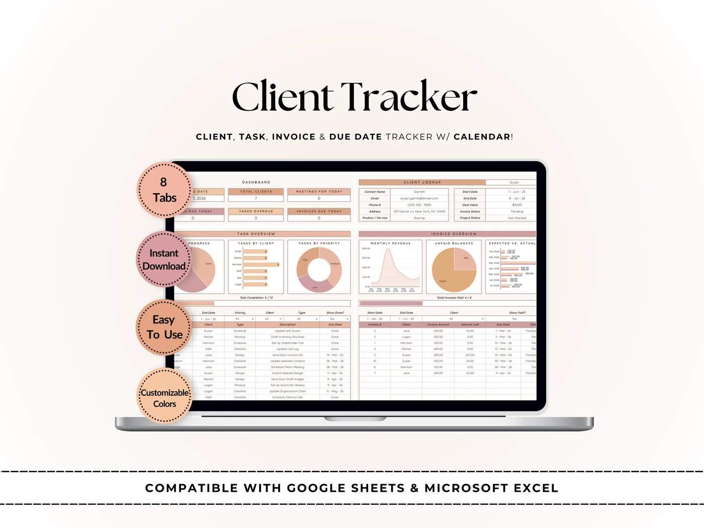 The Client Tracker template open on a laptop, showing its dashboard and client ledger